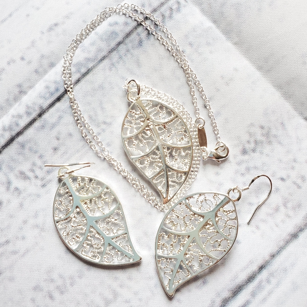 925 STERLING SILVER Leaf Necklace and Earrings Set